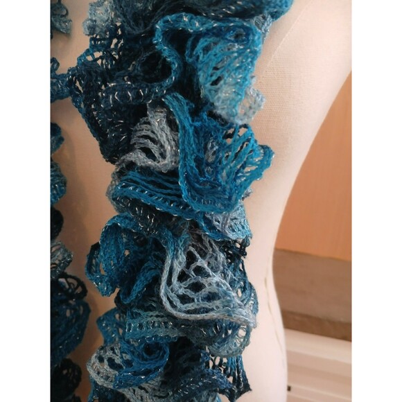 Women's Scrunched Squiggle Scarf Wrap Curly Ruffle Winter Blue - Picture 3 of 7